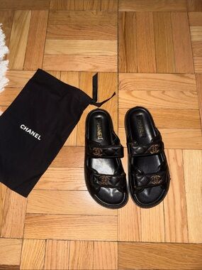 CHANEL Black Quilted Double-Strap Logo Slide Sandals